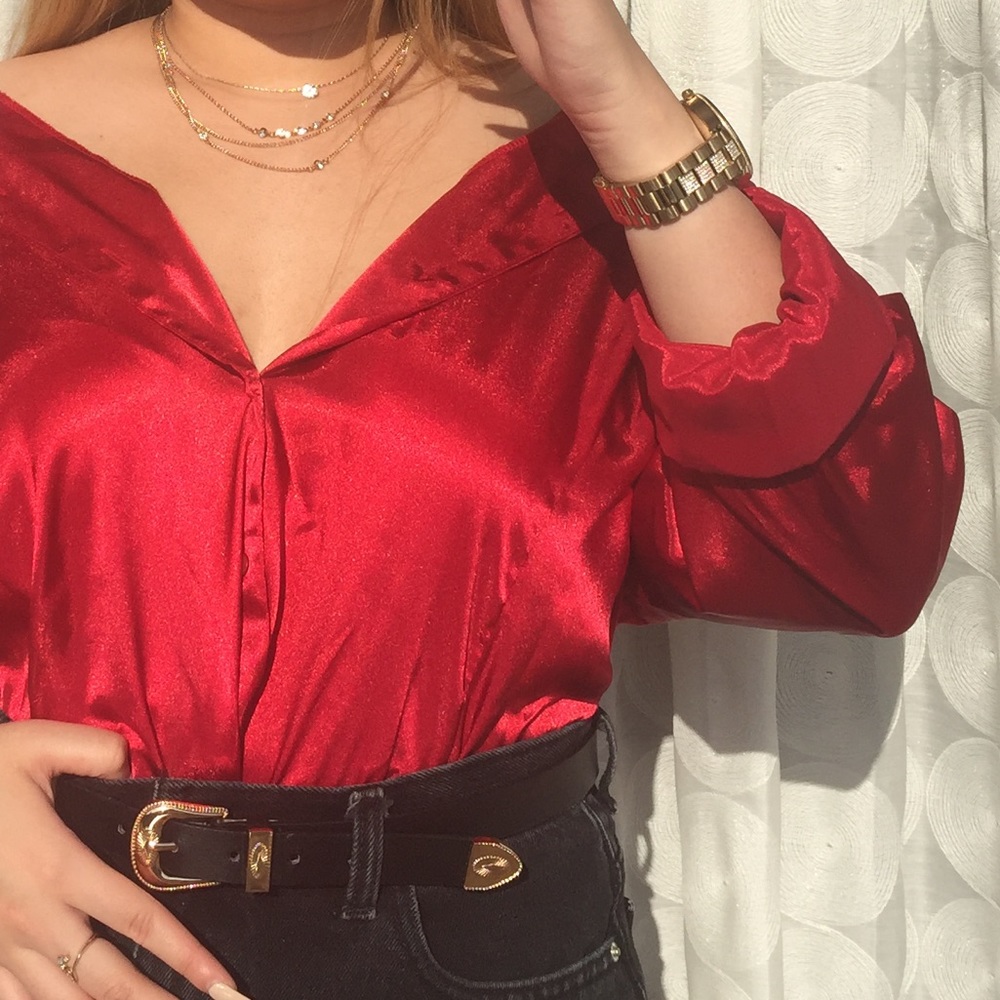 Laura Scott Red Satin Button Down Blouse